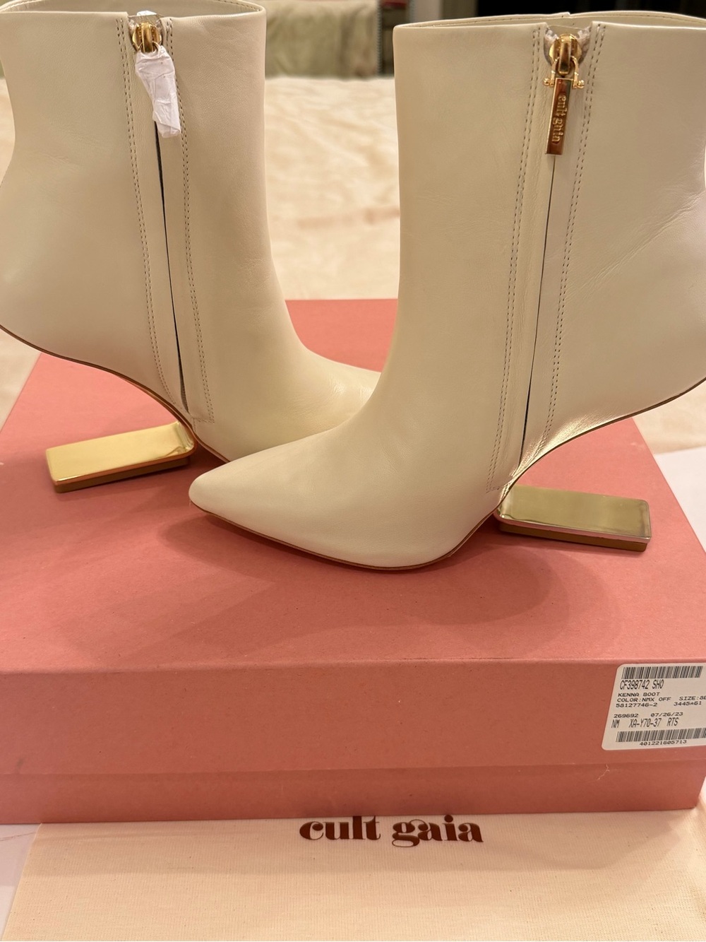 cult gaia Ivory Leather Ankle Boots with Gold Sculptural Heel